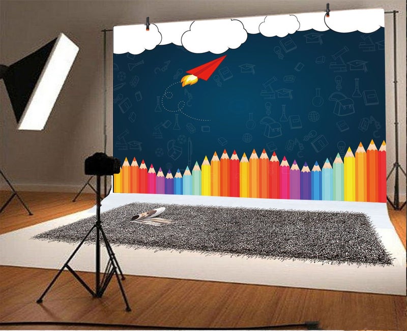 Leyiyi 7x5ft Welcome Back to School Photography Background Old Classroom Chalk Board Blackboard Colored Pens Back Season Grunge Gaffiti Paper Plane Backdrop Students Photo Portrait Vinyl Studio Prop - Image 3